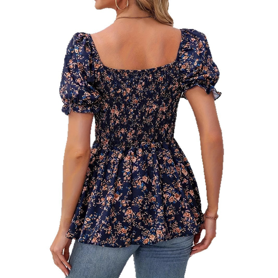 Casual Square Neck Smocked Floral Blouse - threadspired