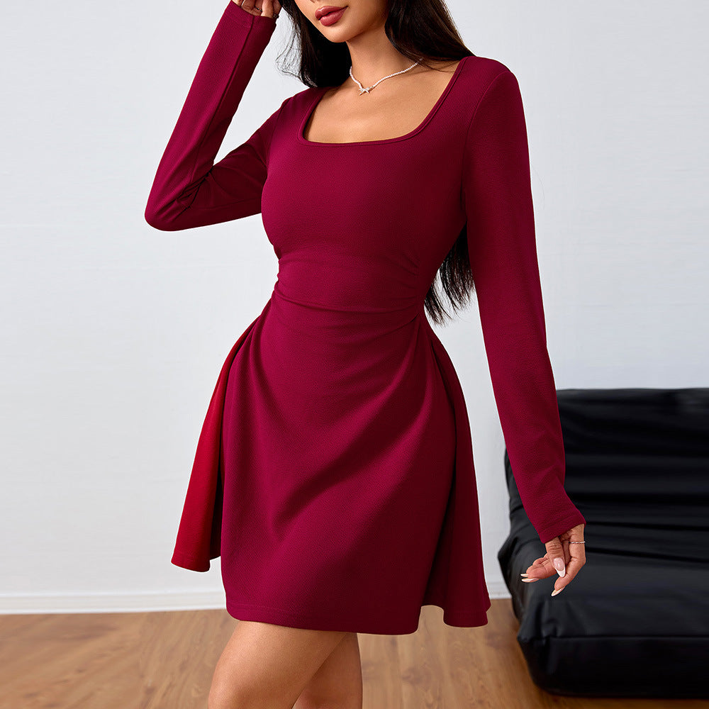 Square-neck Dress With High-waisted Designer-style Wine-red Hue - threadspired