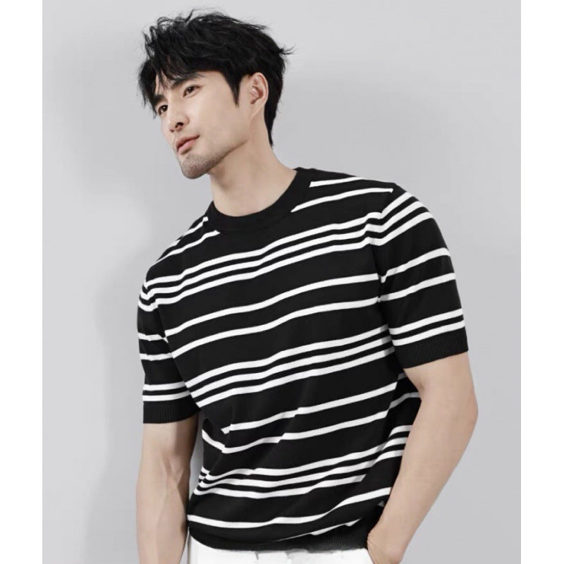Knitted Short Sleeve with Black And White Stripes - threadspired