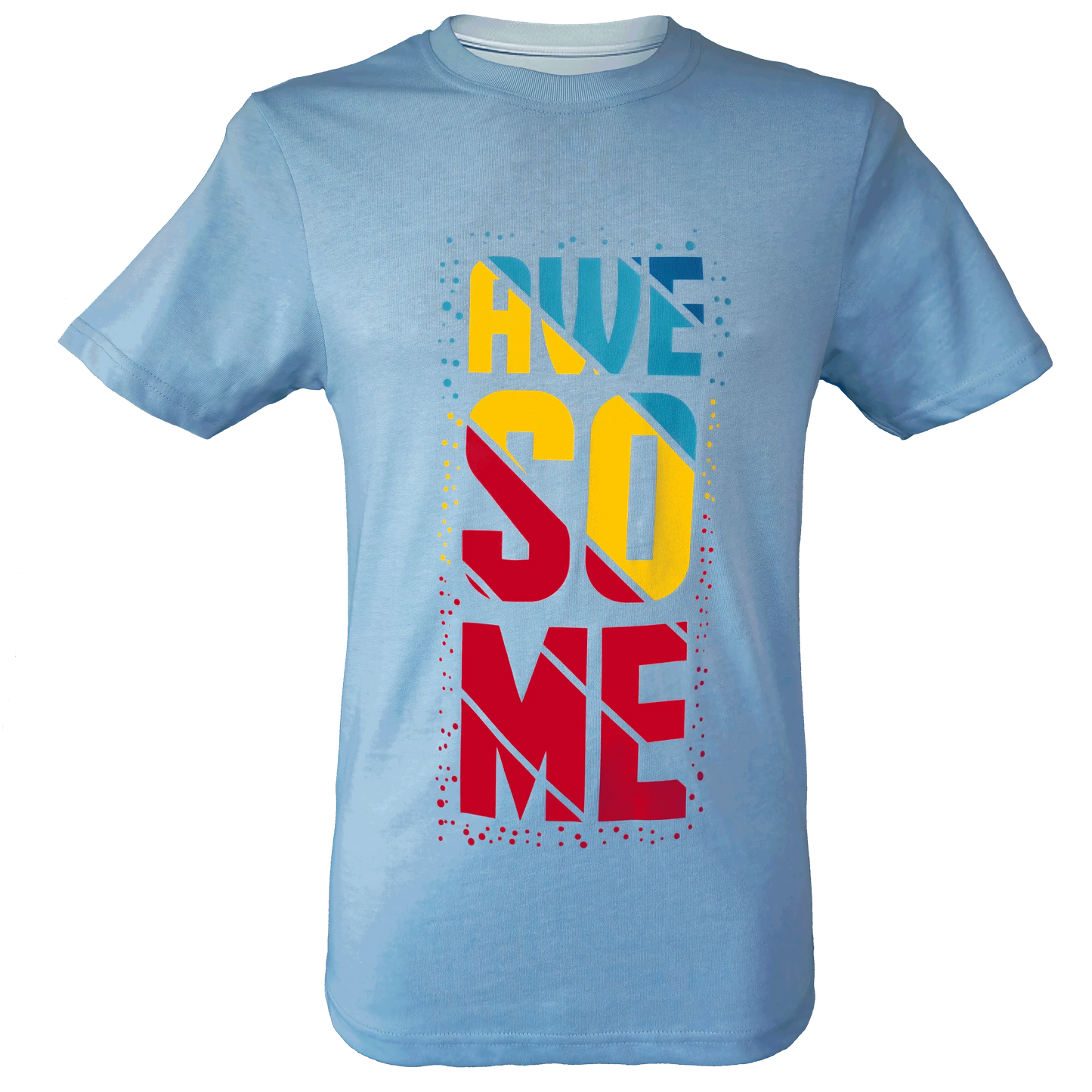 Light blue t-shirt featuring a bold vertical “AWESOME” design in colorful block-style typography with geometric cuts and dotted accents.
