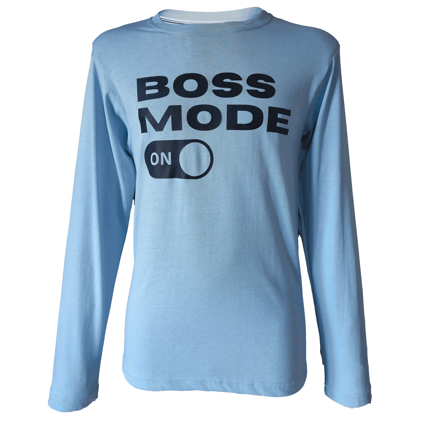 Light-blue long sleeve shirt featuring the bold text “BOSS MODE ON” with a switch graphic.