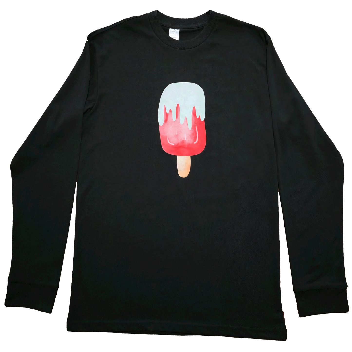 Black long sleeve shirt featuring a melting ice-cream/popsicle illustration in red and white.