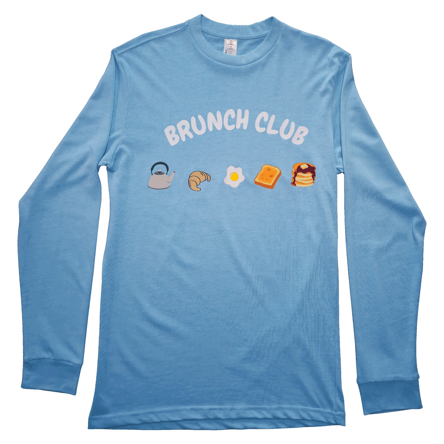 Light blue long sleeve shirt with “Brunch Club” text and cute breakfast food icons (kettle, croissant, fired egg, toast, pancakes).