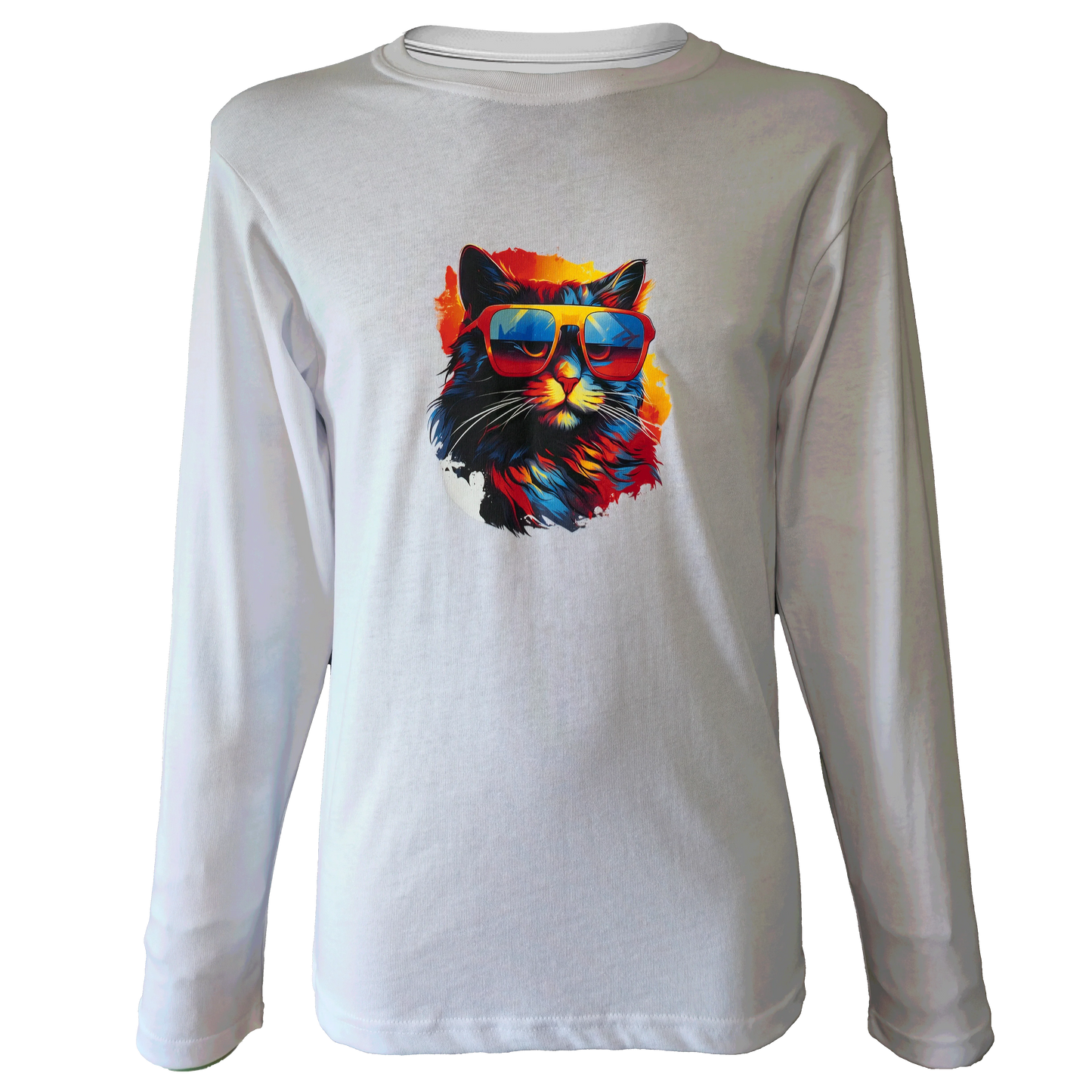 White long sleeve shirt featuring a neon, multicolored cat wearing sunglasses.