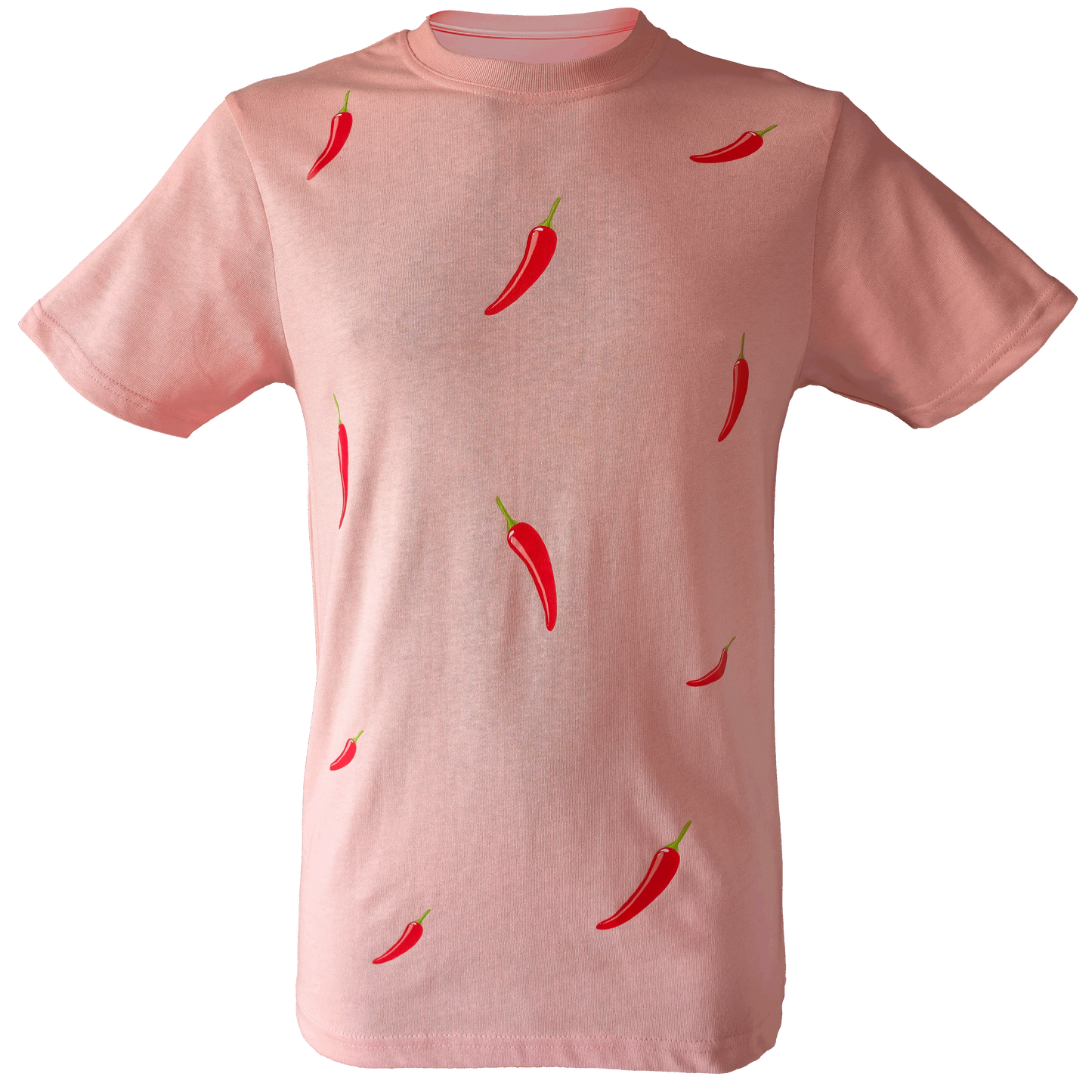 Pink t-shirt featuring an all-over pattern of scattered red chili peppers.