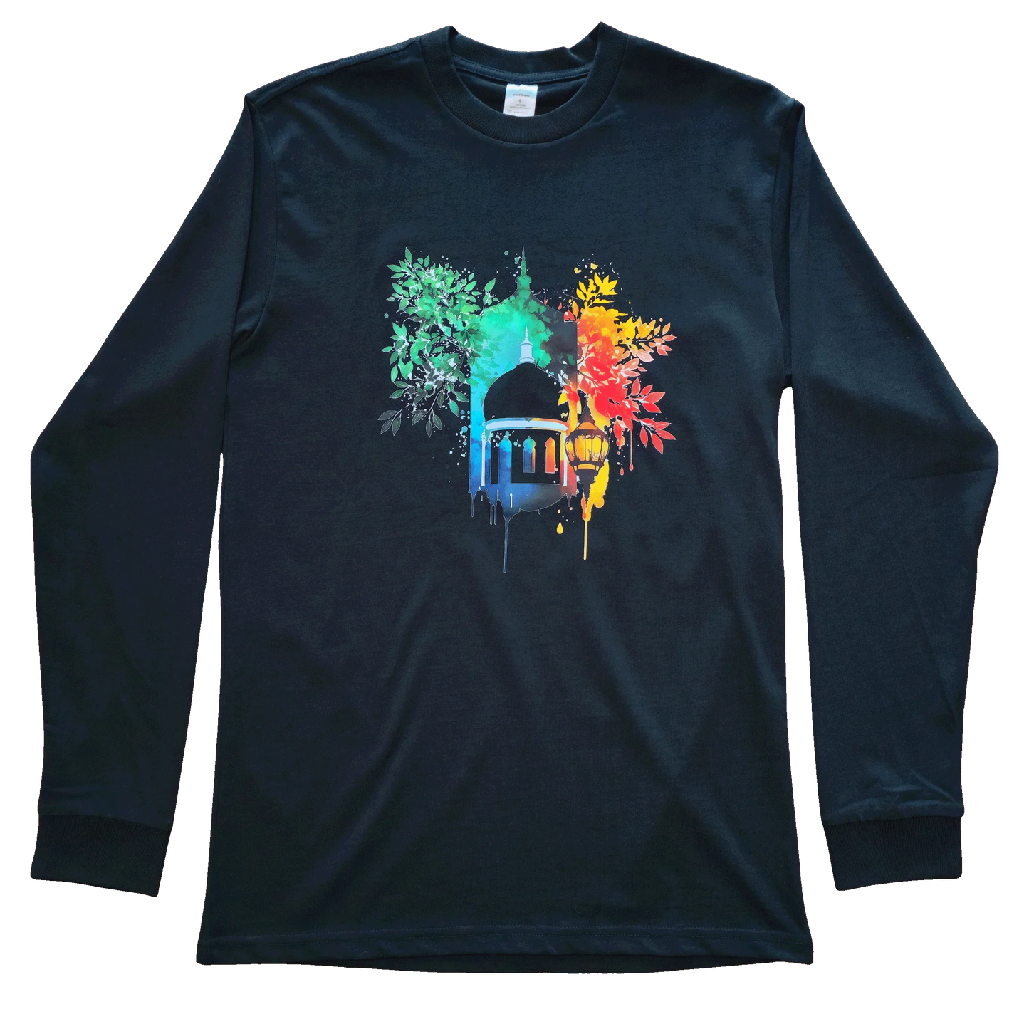 Black long sleeve shirt featuring a colorful artistic mosque illustration with vibrant foliage and paint-style effects.