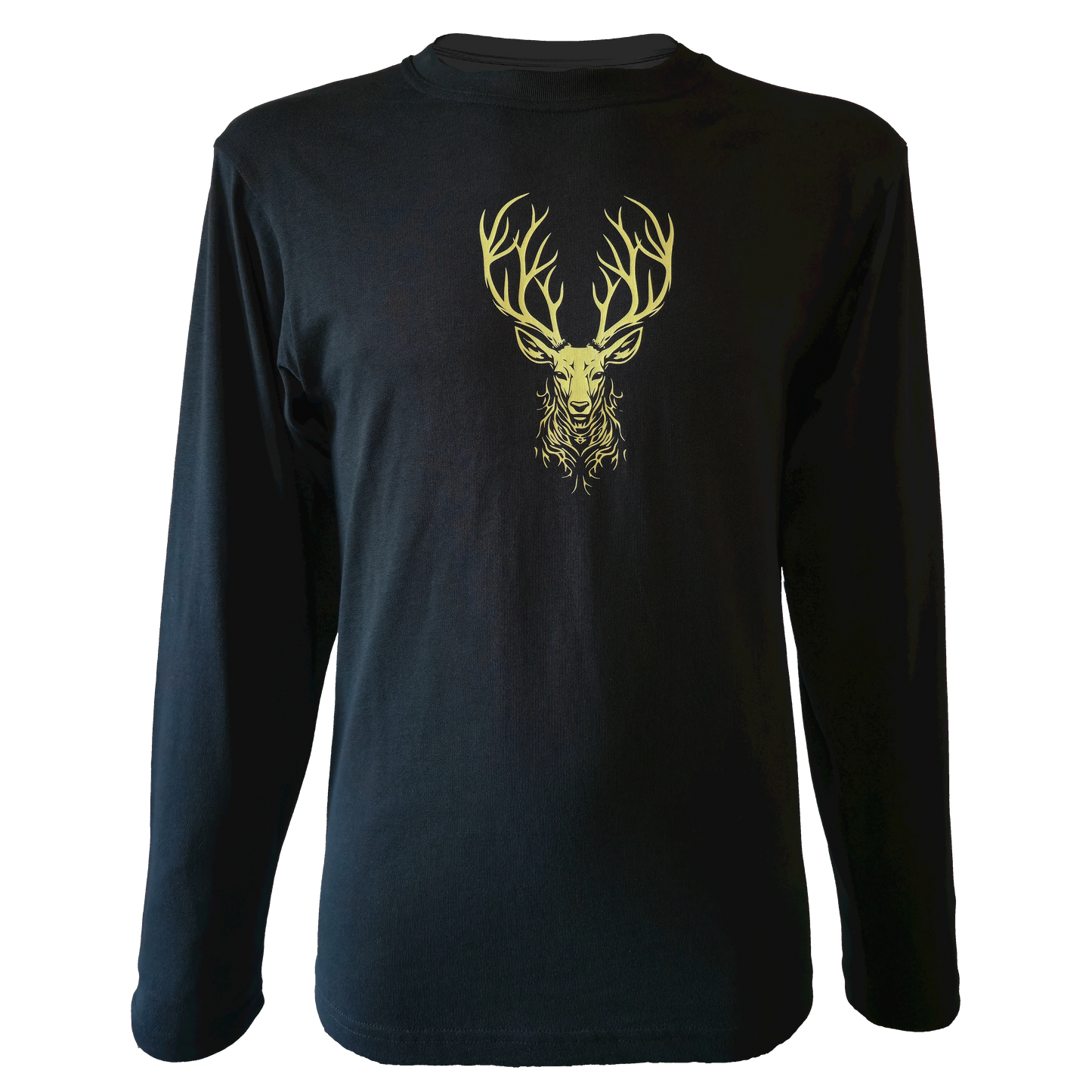 Black long-sleeve shirt featuring a yellow minimalist deer head with large antlers centered on the chest (similar to Jägermeister symbol).