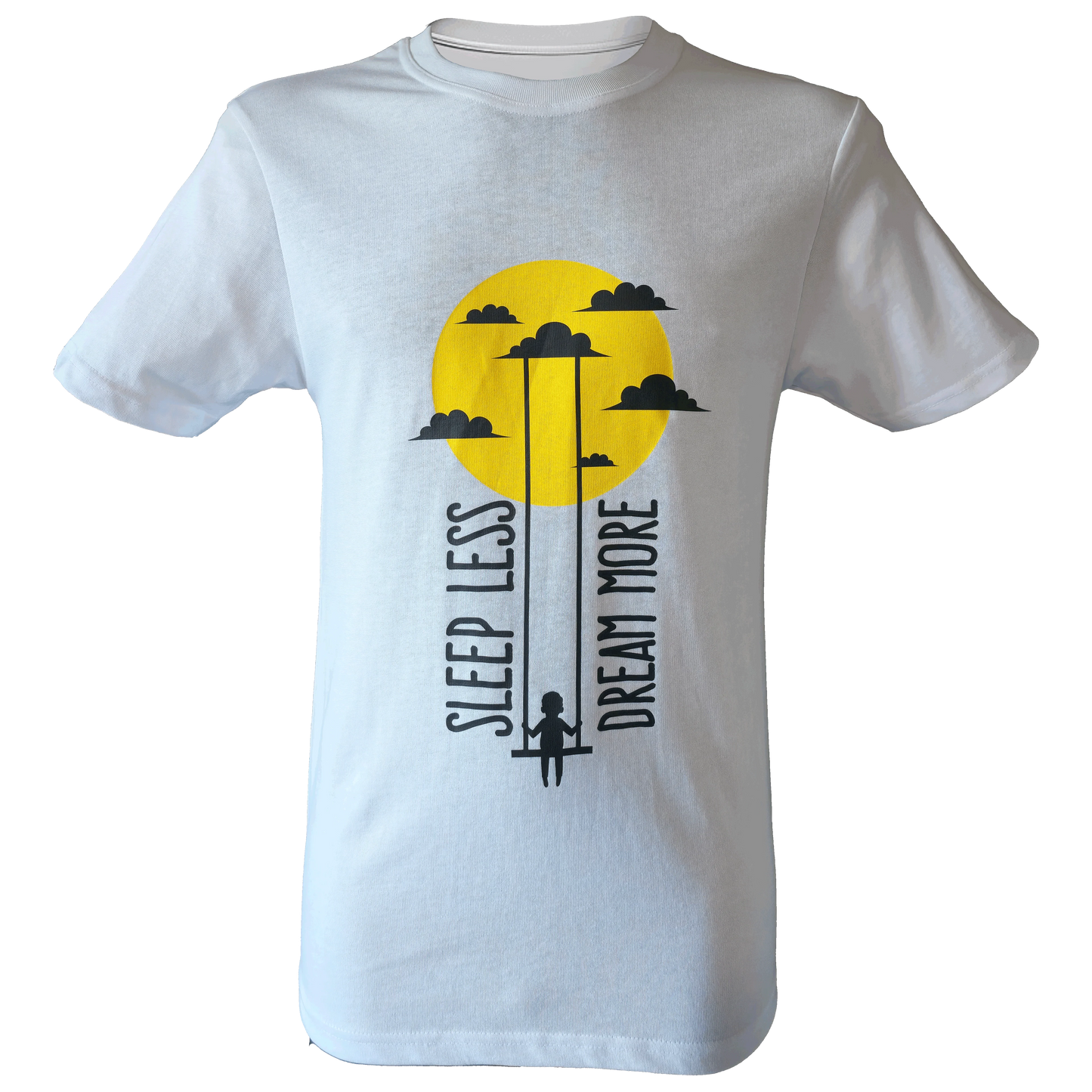 White t-shirt featuring a silhouette of a child on a swing hanging from clouds with a yellow sun in the background and the text “Sleep Less Dream More.” (written upwards)