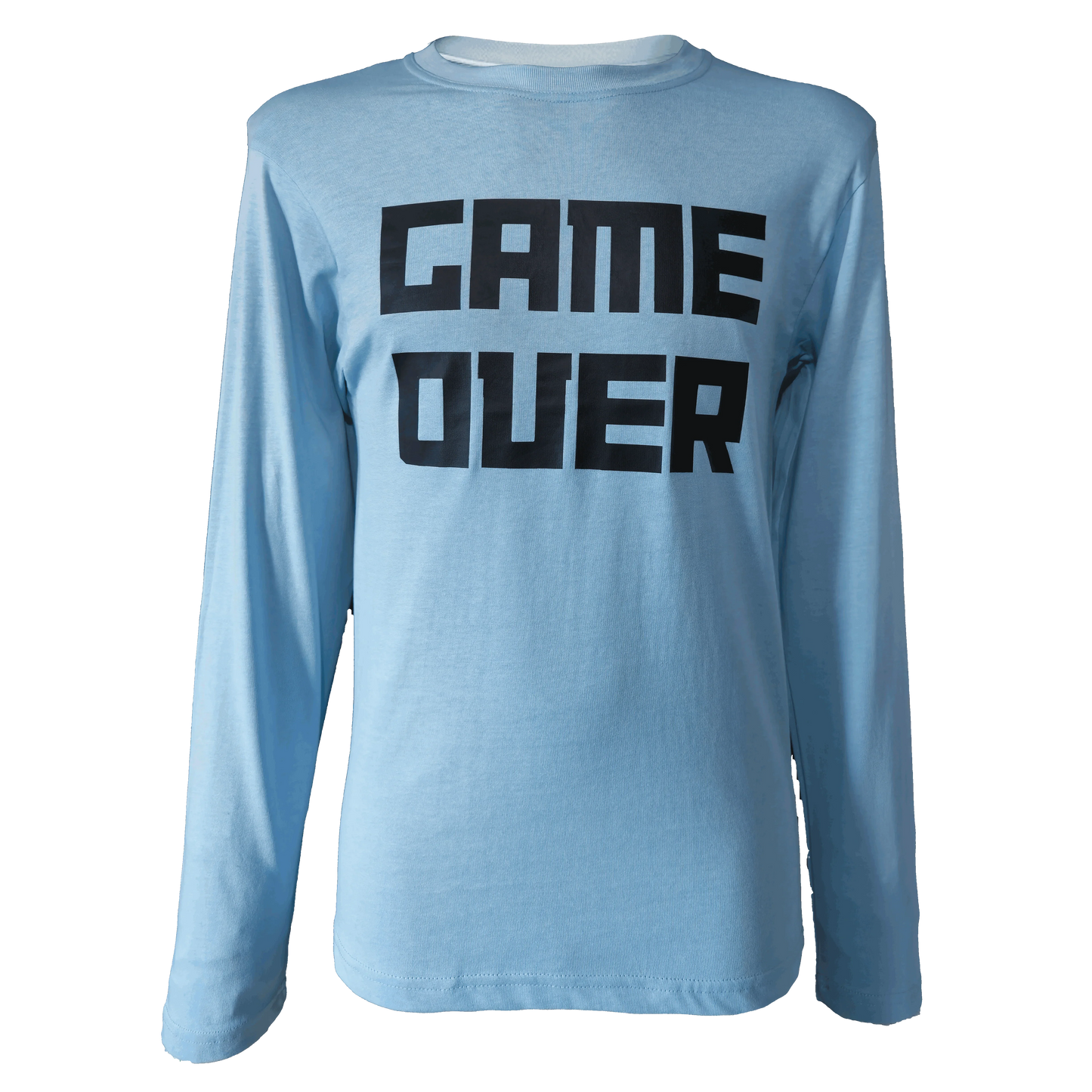Light-blue long sleeve shirt with bold black text reading “GAME OVER”.