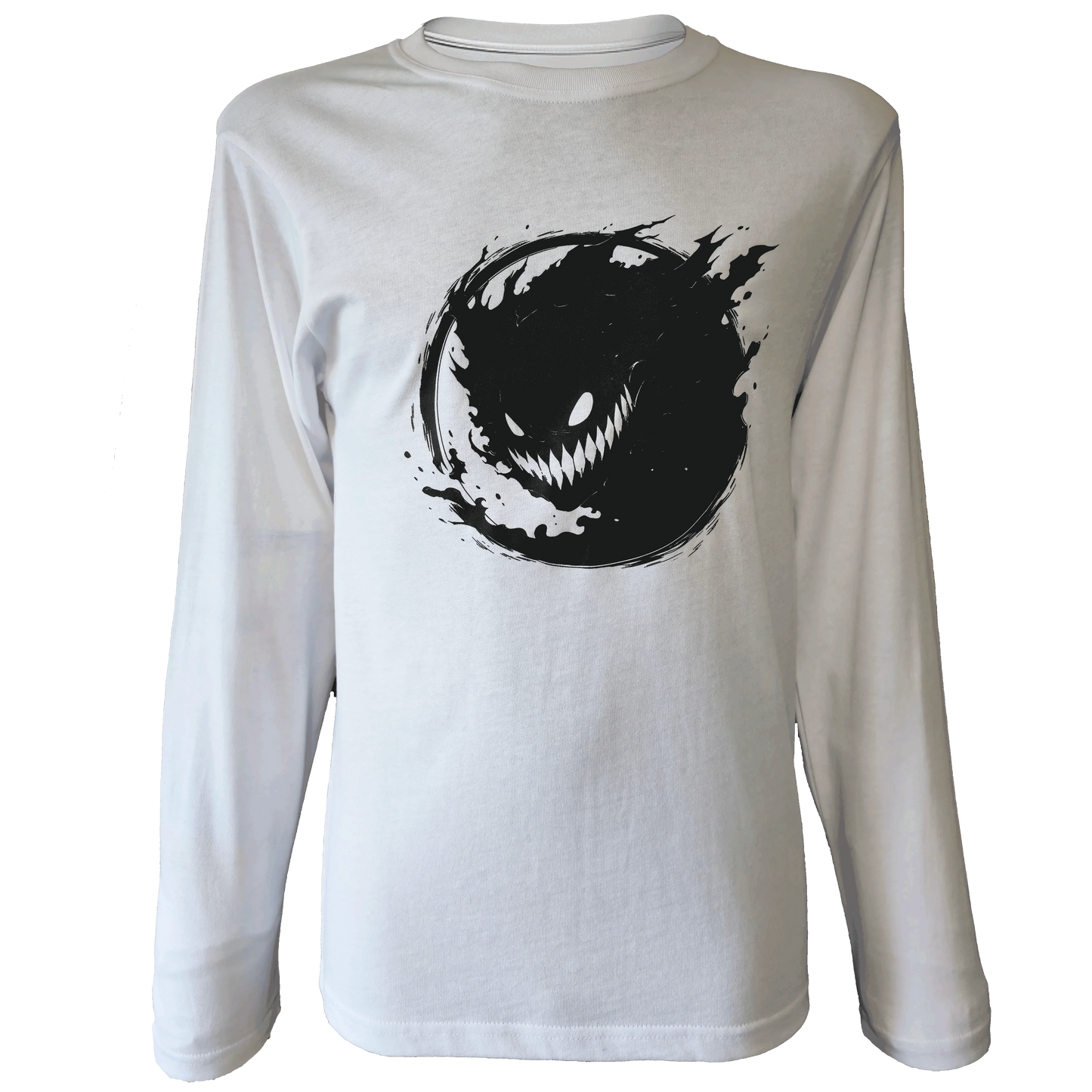 White long-sleeve shirt featuring a black circular ink-style design of a sinister monster with sharp teeth and glowing eyes.