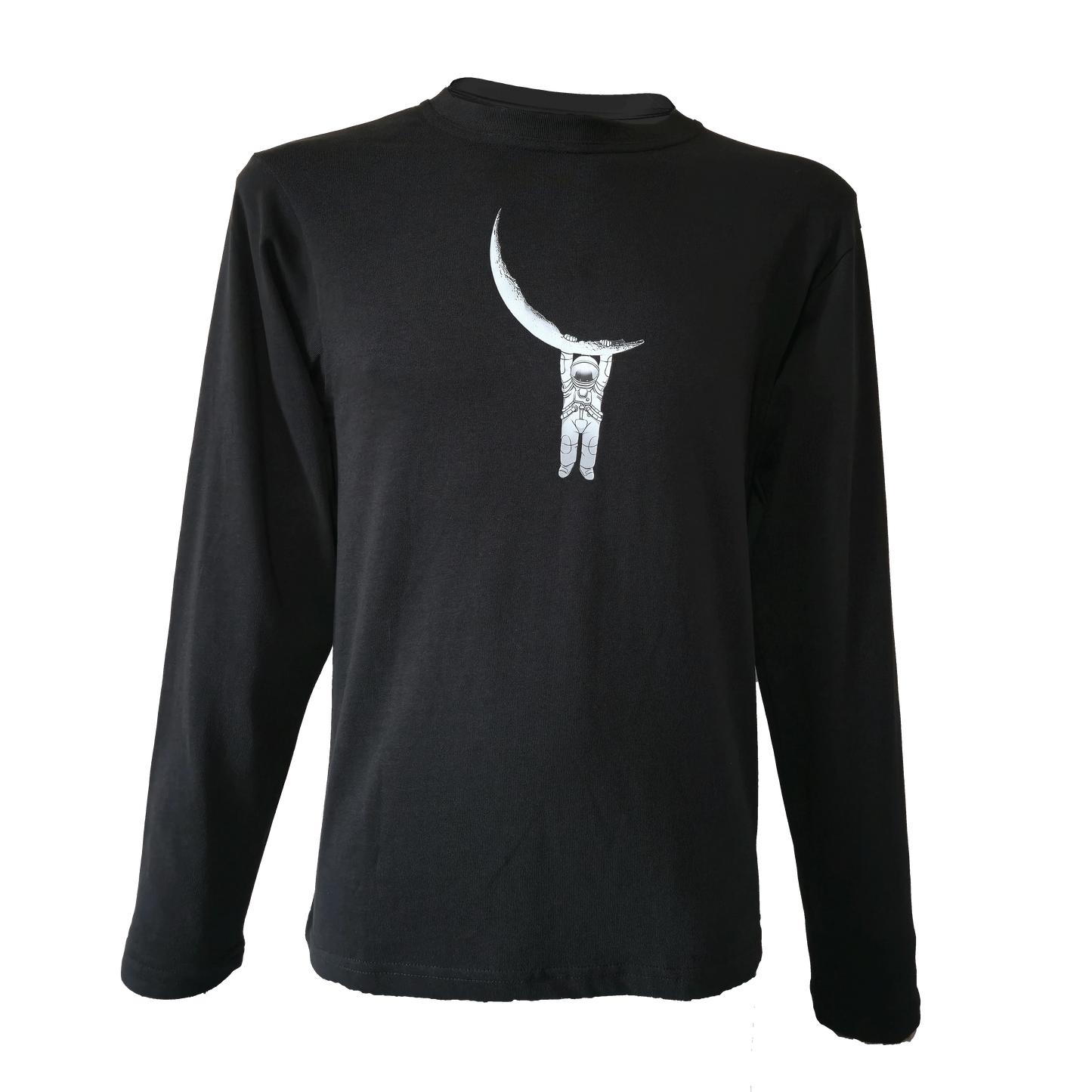 Black long sleeve shirt with a white graphic of an astronaut hanging from a crescent moon.