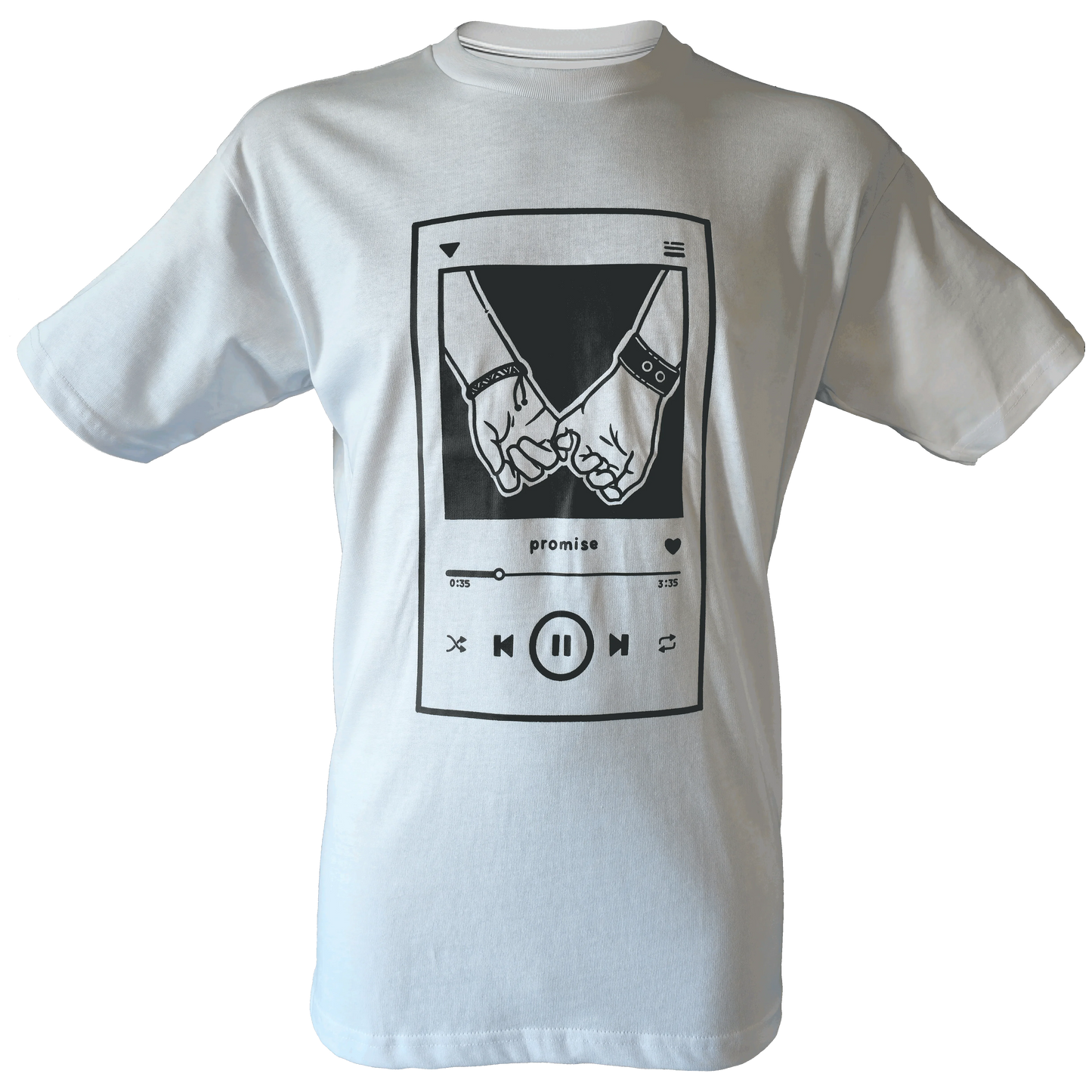 White t-shirt with a black minimalist graphic of two hands holding pinkies inside a music player design with the word “promise”.