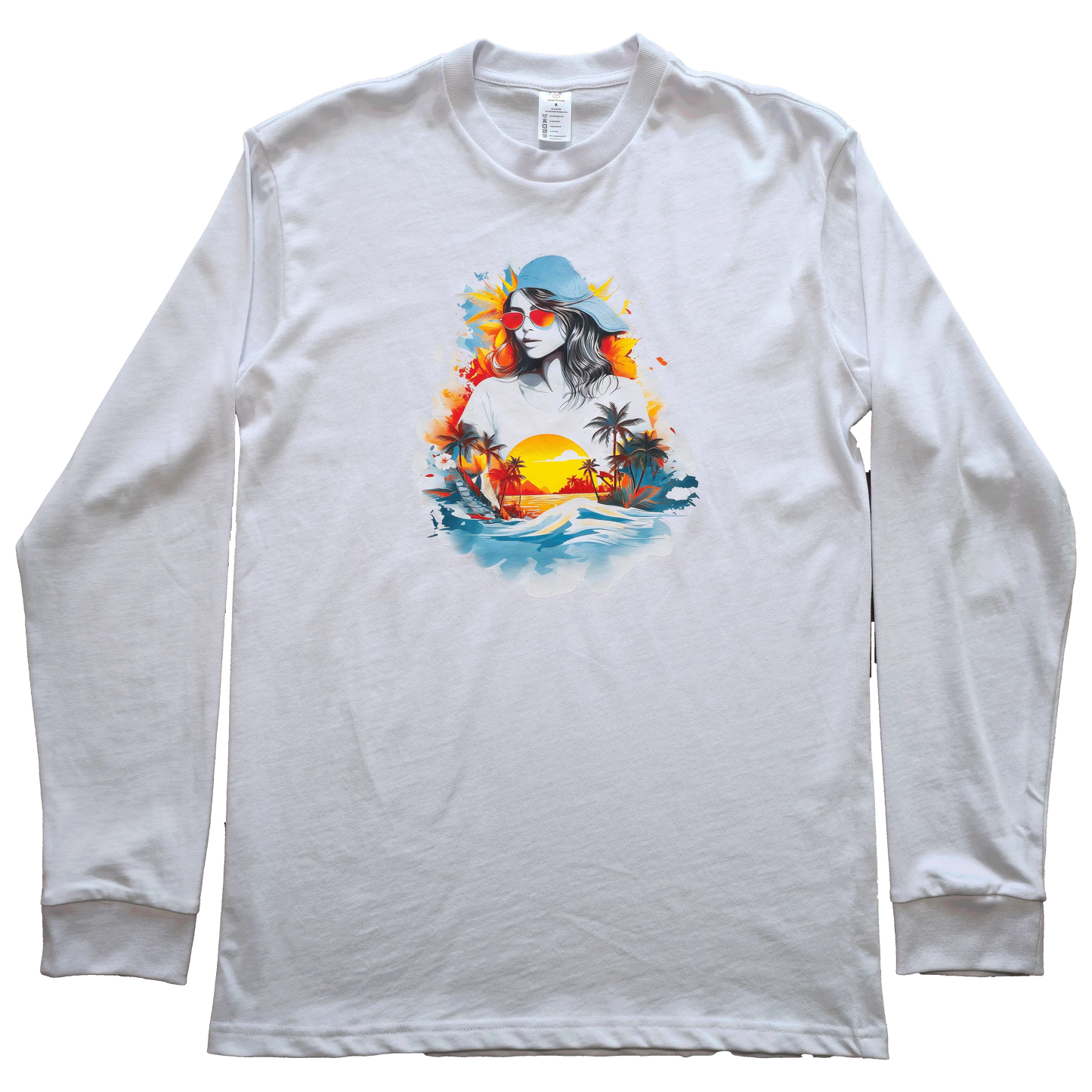 White long sleeve shirt featuring a colorful illustrated woman with sunglasses set above a tropical beach sunset and palm trees.