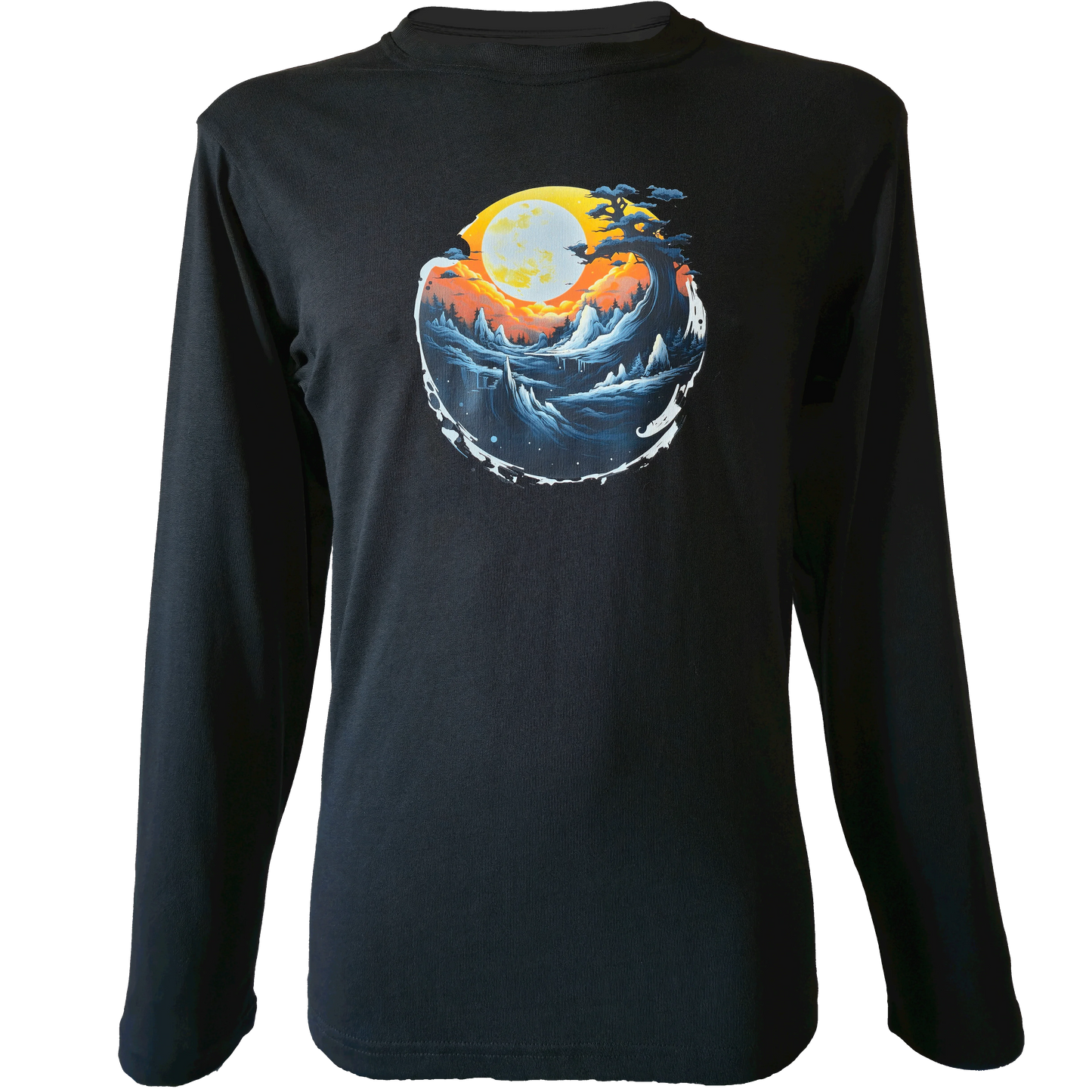 Black long-sleeve shirt featuring a circular artwork of a glowing full moon, waves, mountains, and sunset colors.