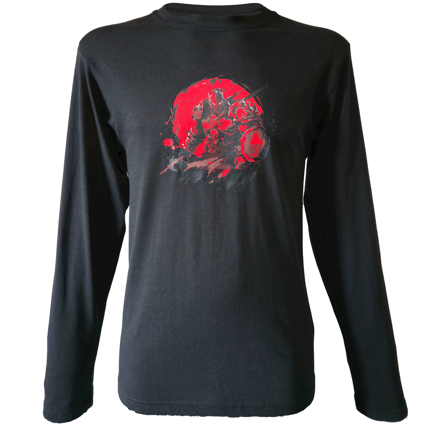 Black long-sleeve shirt with a bold red and black graphic of an armored warrior holding weapons, surrounded by a red circular background.