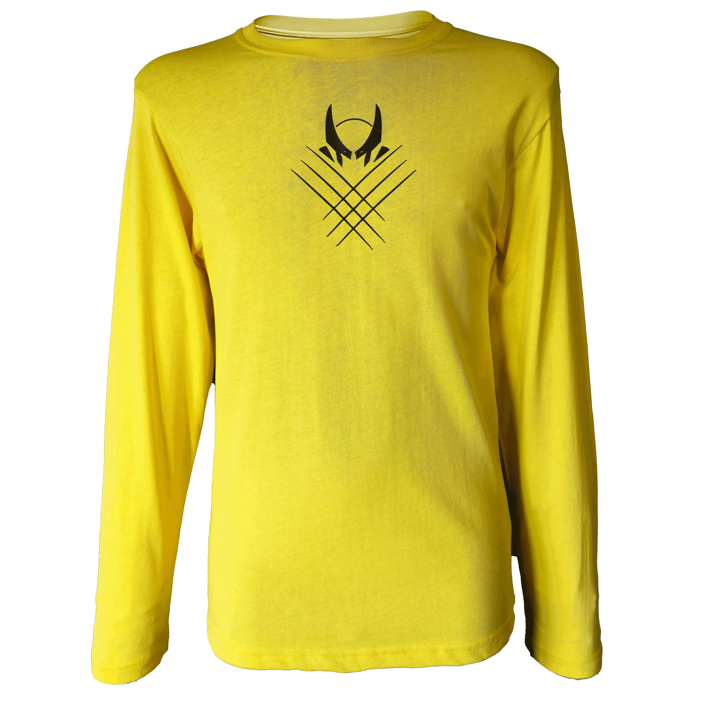 Yellow long sleeve shirt with a Wolverine inspired graphic, with a black mask silhouette above crossed claw mark lines.