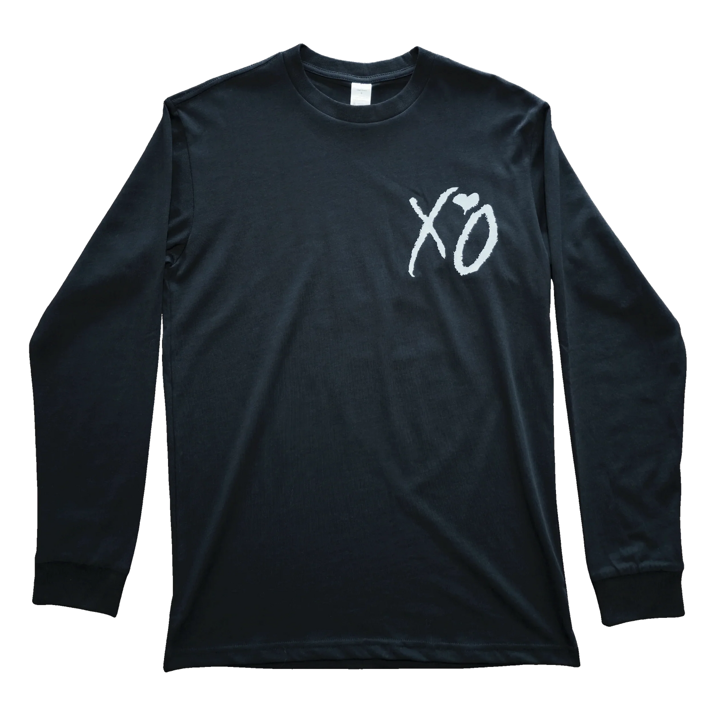 Black long sleeve shirt with a small white “XO” graphic on the chest (upper left part).
