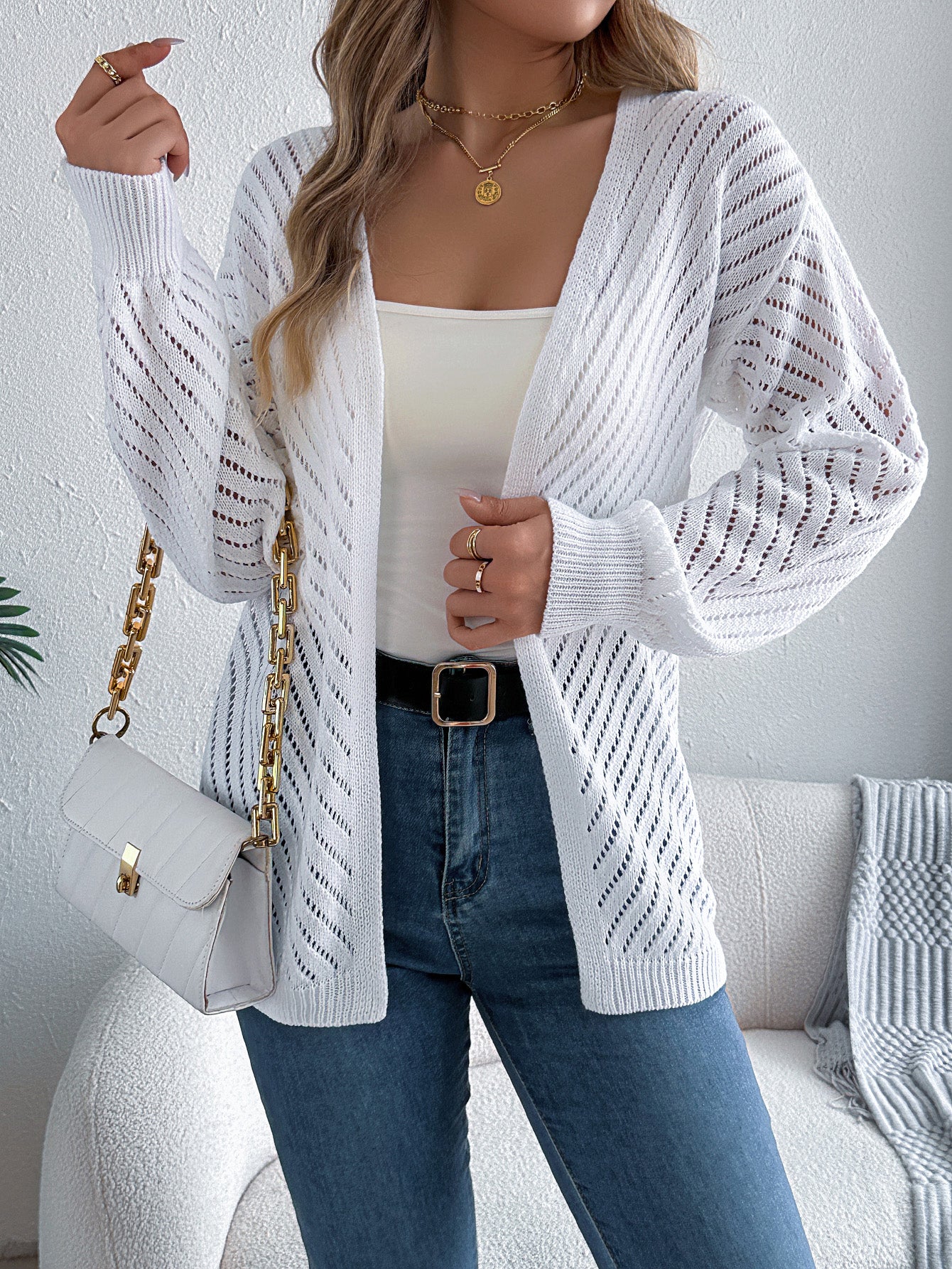 Solid Color Hollow Out Long Sleeve Cardigan
