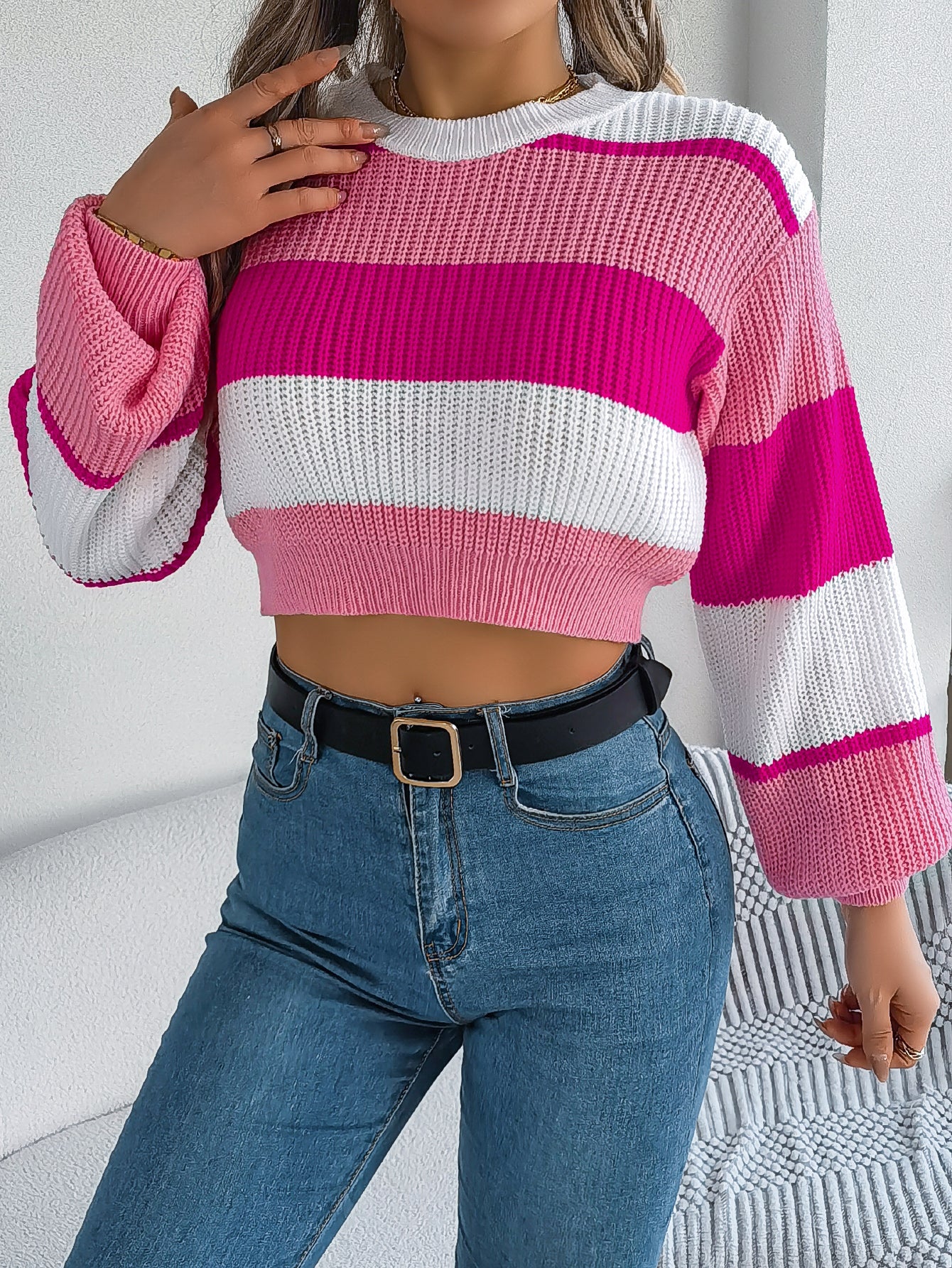 Lantern Sleeve Cropped Pullover Sweater - threadspired