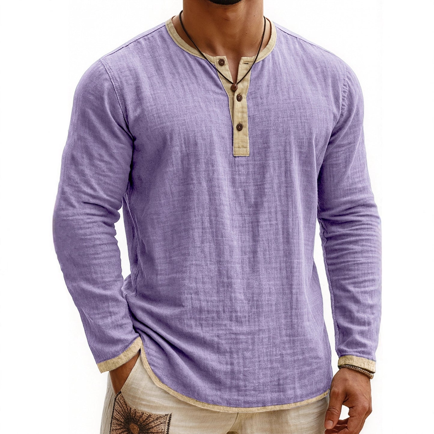 Two-tone Henley 3-button Casual Long Sleeve Top - threadspired