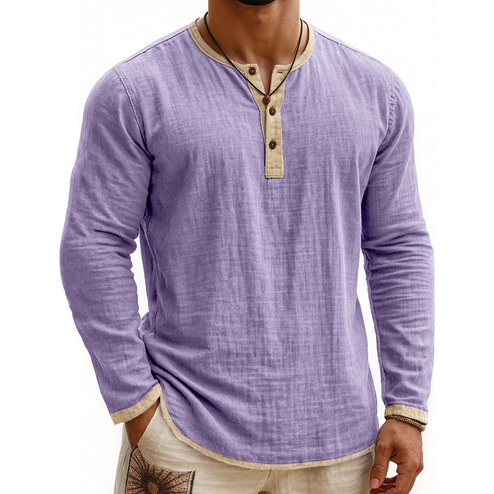 Two-tone Henley 3-button Casual Long Sleeve Top - threadspired