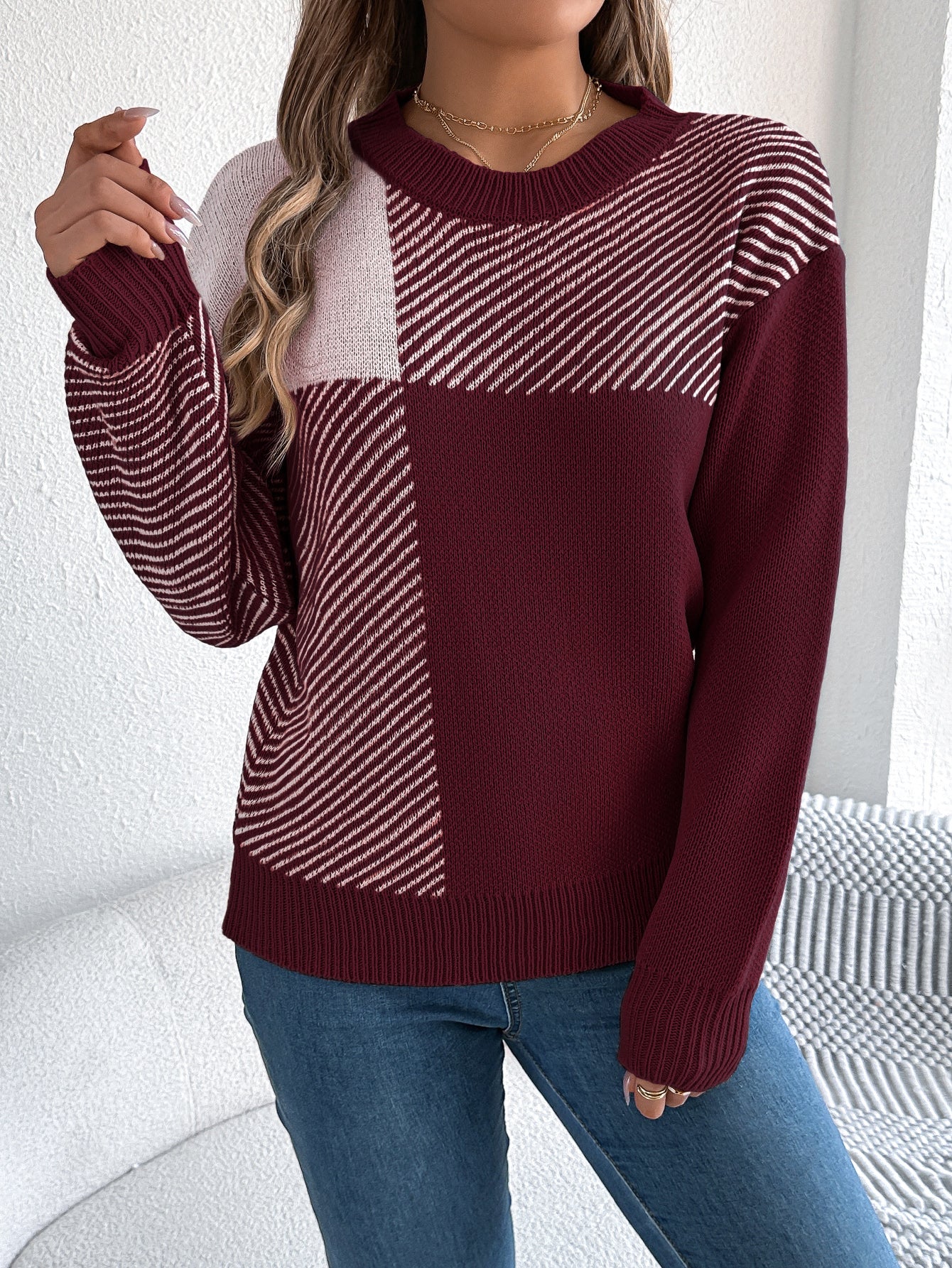 Plaid Long Sleeve Pullover Sweater - threadspired