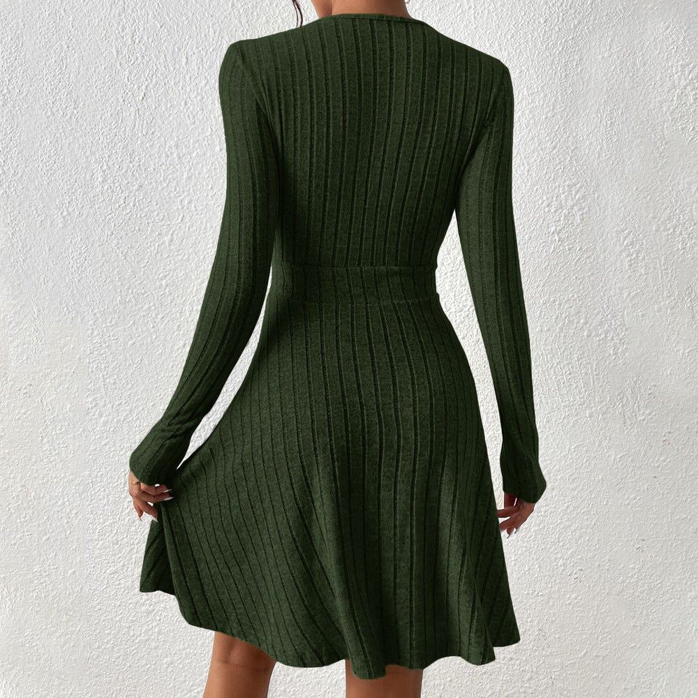 V-neck Waist-cinching Ribbed Long-sleeve Dress