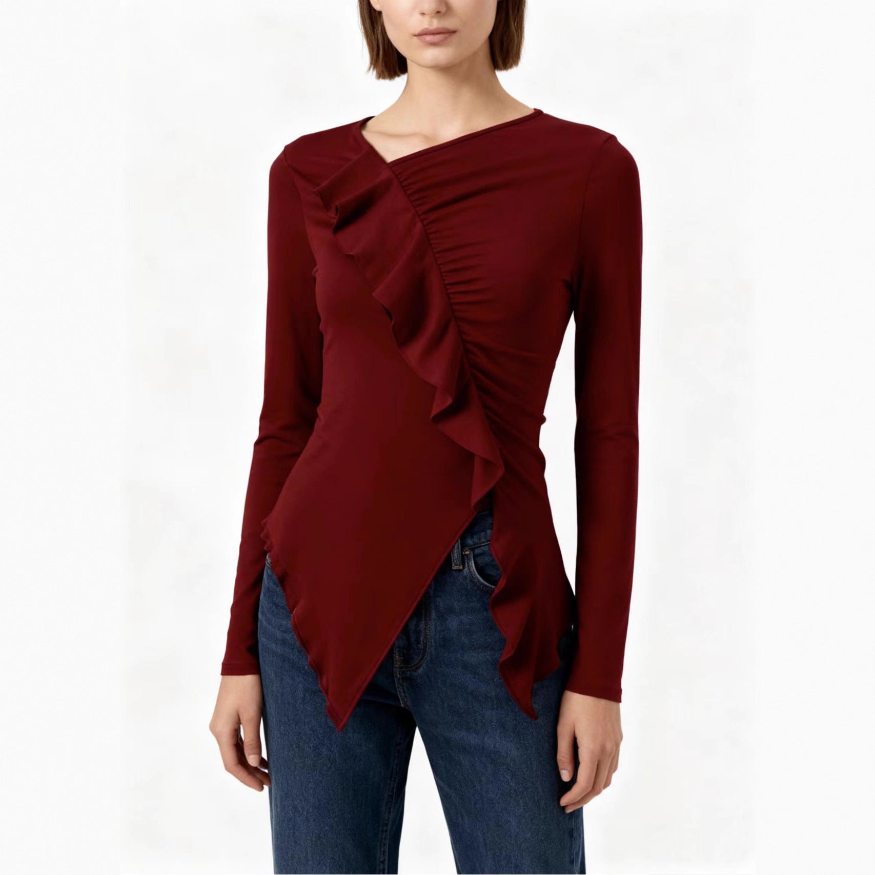 Pleated Ruffled Edge Square Neck Long Sleeve Base Shirt - threadspired