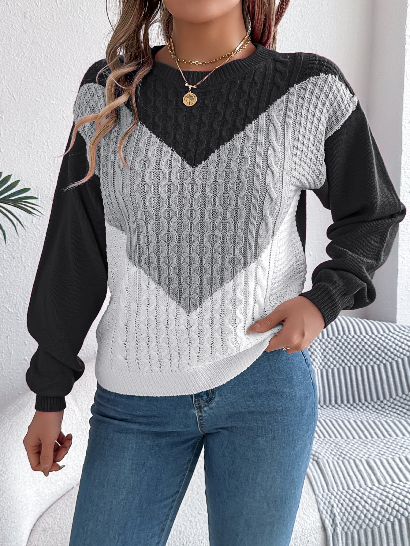 Cable Knit Lantern Sleeve Pullover Sweater