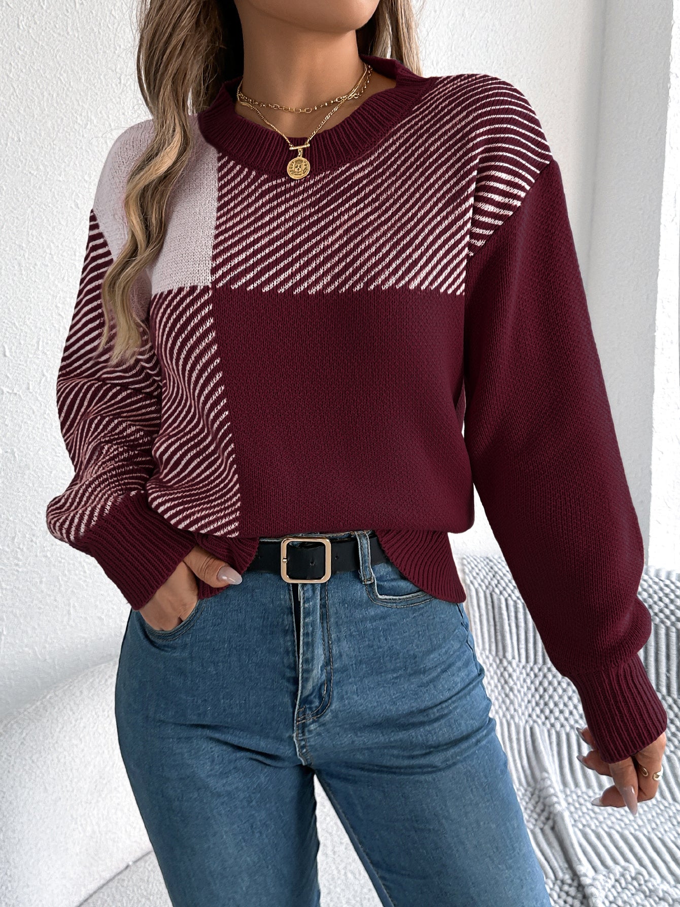 Plaid Long Sleeve Pullover Sweater - threadspired