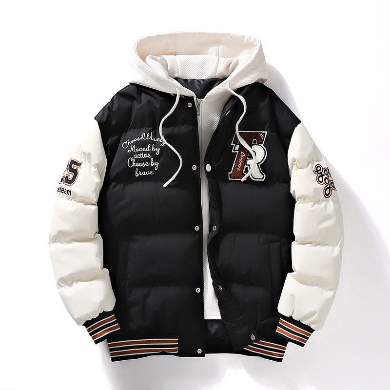 Men’s black and white varsity-style hooded puffer jacket with letter patches and padded design.