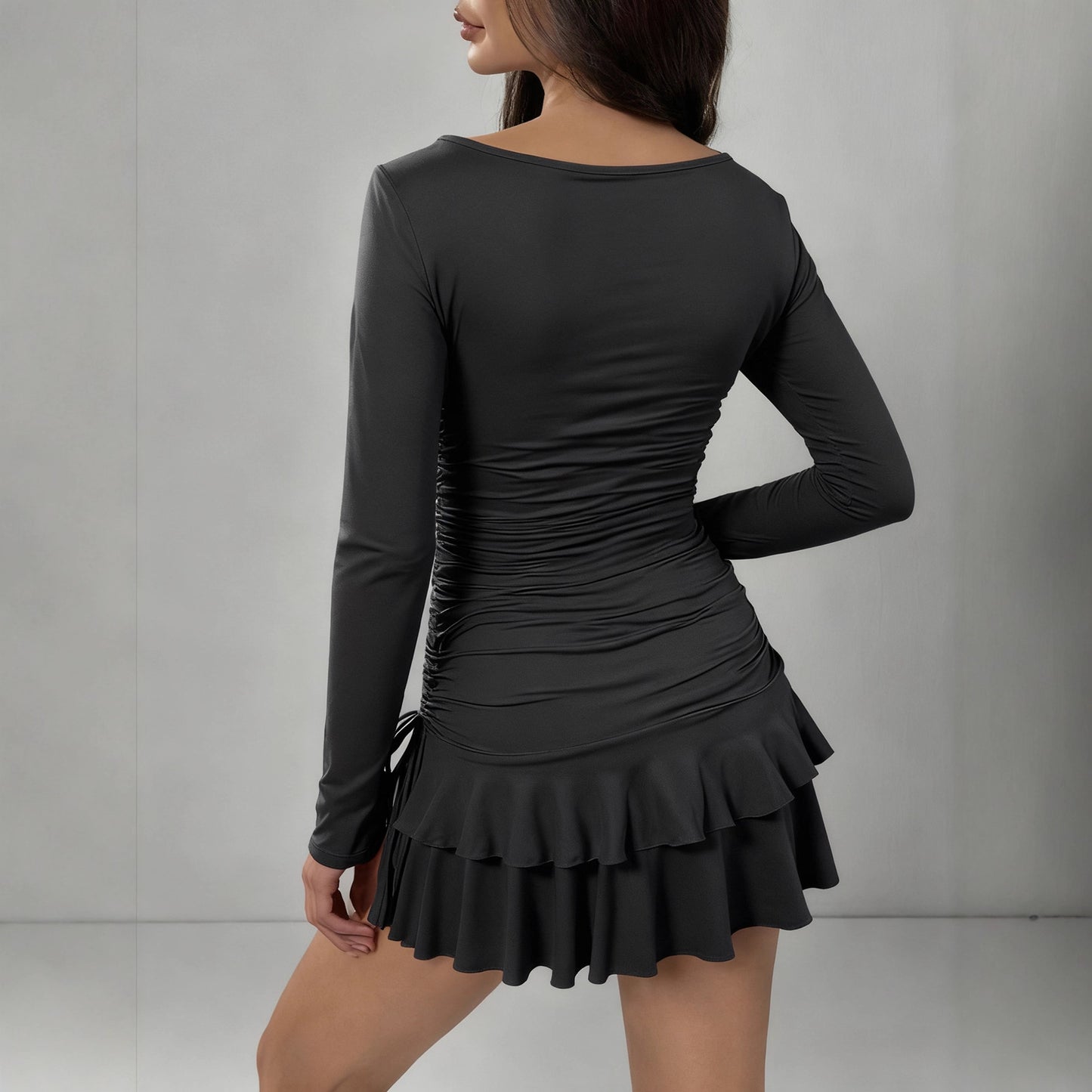 Solid-Color Long-Sleeve Drawstring Short Dress - threadspired