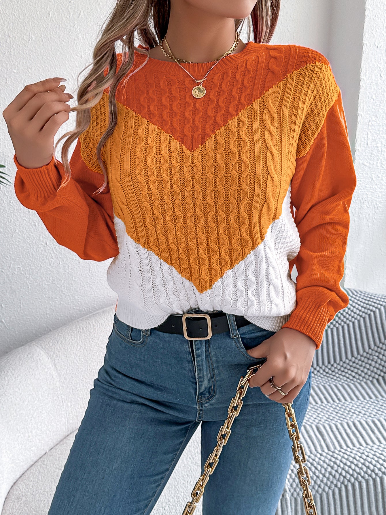 Cable Knit Lantern Sleeve Pullover Sweater