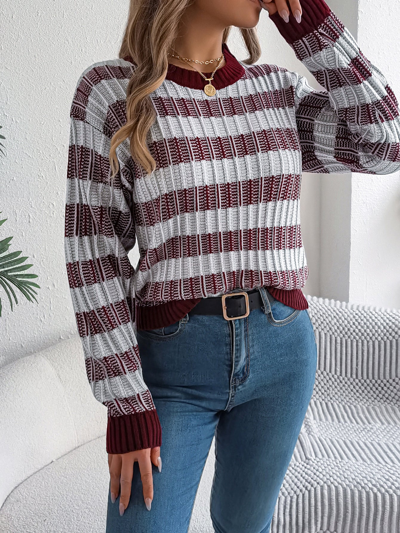 Round Neck Long Sleeve Pullover Sweater - threadspired