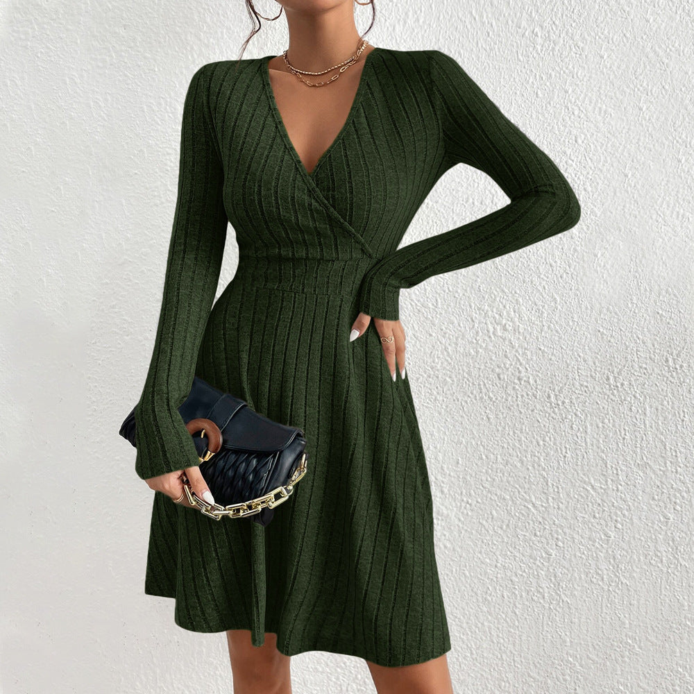 V-neck Waist-cinching Ribbed Long-sleeve Dress