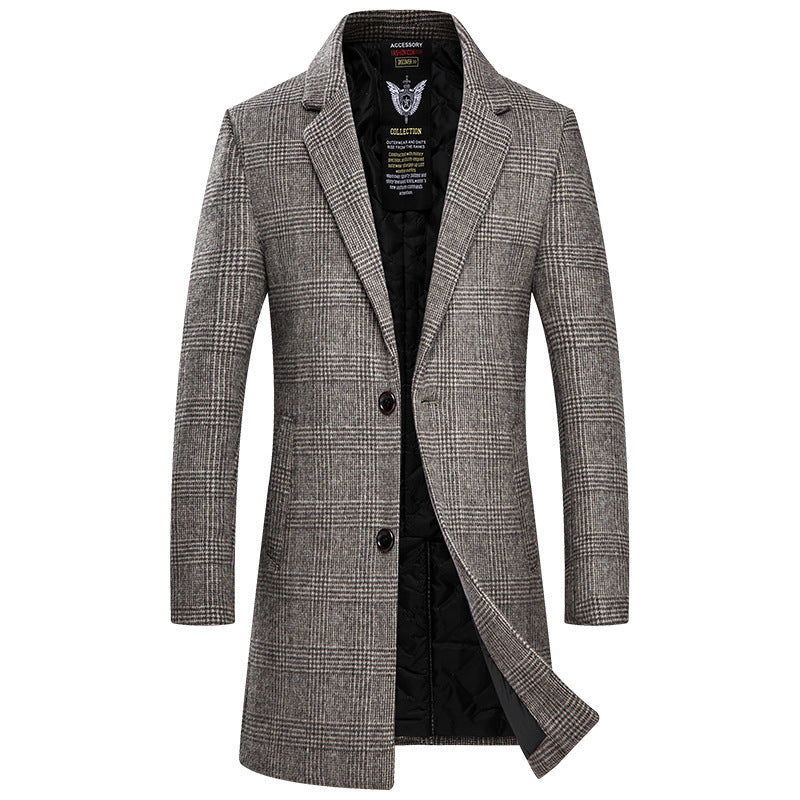 Gray plaid men’s wool overcoat with button front and quilted inner lining. 