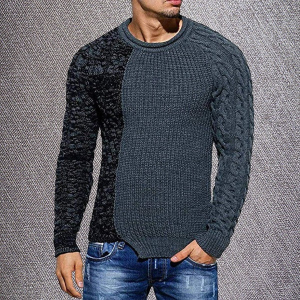 Man wearing a two-tone (asymmetrical) textured knit crewneck sweater with cable-knit and ribbed 
patchwork design. 