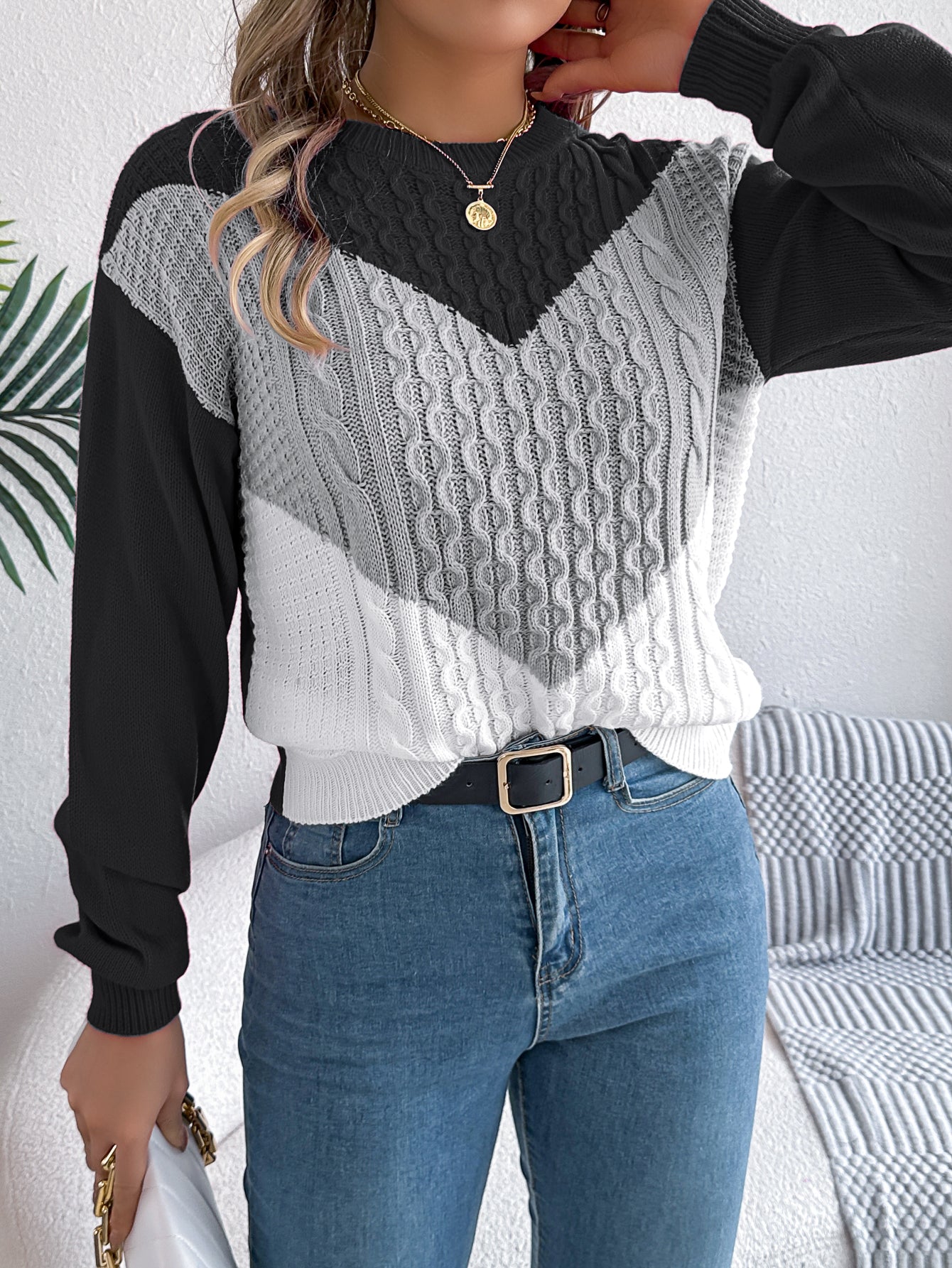 Cable Knit Lantern Sleeve Pullover Sweater