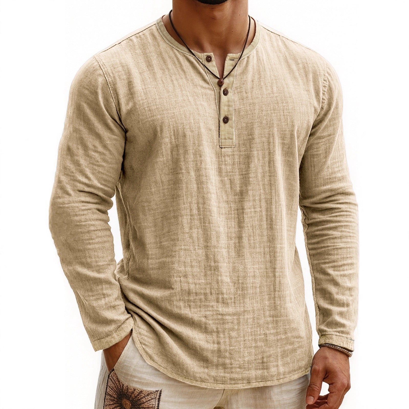 Two-tone Henley 3-button Casual Long Sleeve Top - threadspired