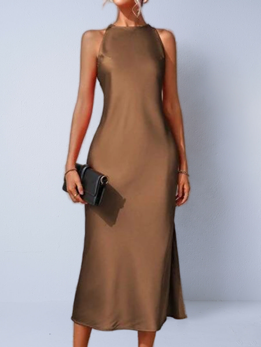 Sleeveless Long Satin Dress - threadspired