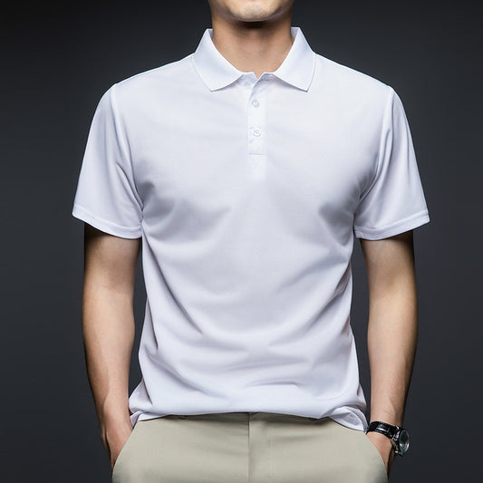 Man wearing a navy blue short sleeve polo shirt with a button collar. 