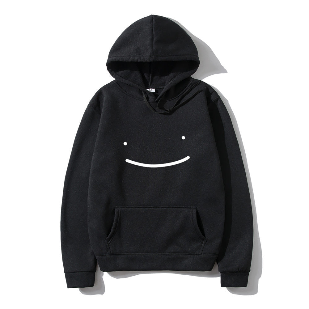 Black pullover hoodie with a white smile face graphic on the front, featuring a hood and front pouch pocket.