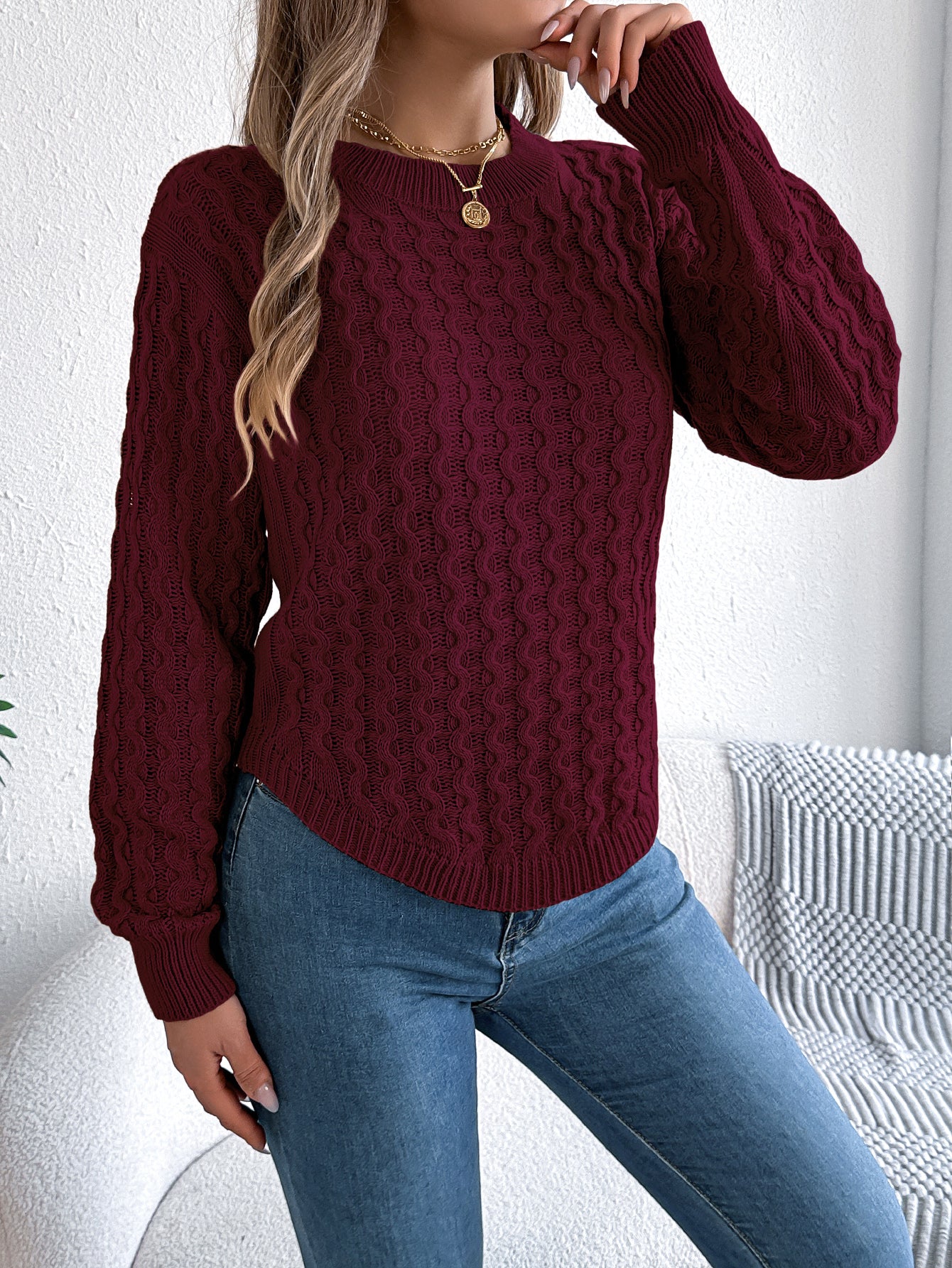 Cable Knit Lantern Sleeve Pullover Sweater - threadspired