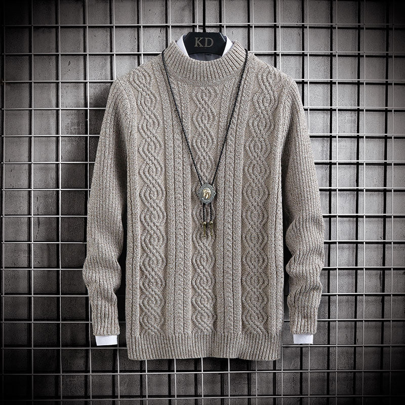 Men’s beige cable knit crew neck sweater with ribbed cuffs, collar and hem.