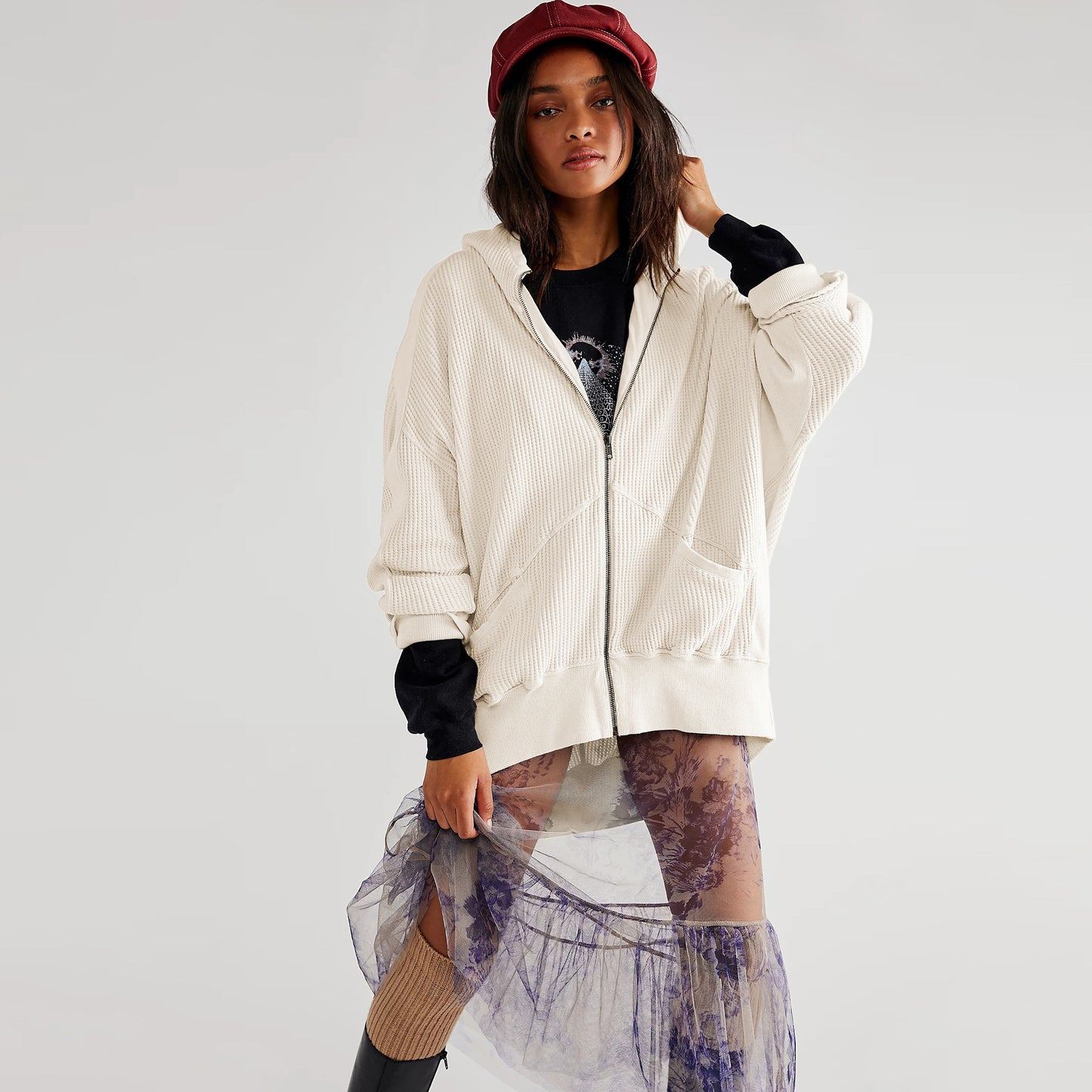 Waffle-knit Hooded Cardigan With Zipper - threadspired