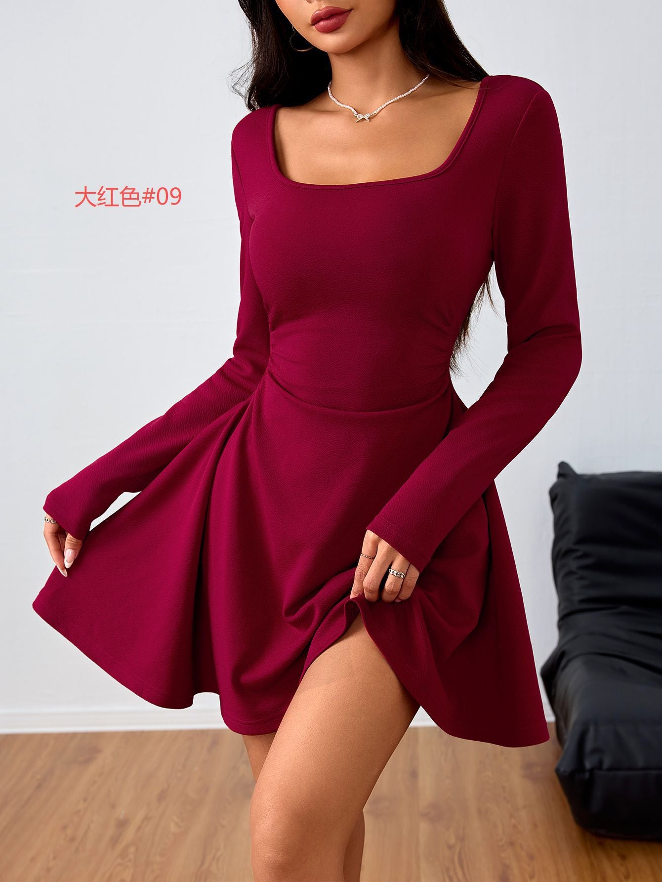 Square-neck Dress With High-waisted Designer-style Wine-red Hue