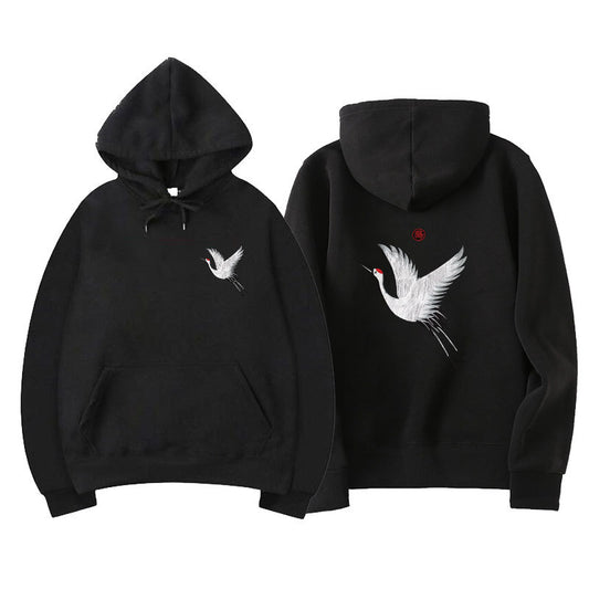 Black pullover hoodie with a white crane bird graphic on the chest and a large crane design on the back, 
shown against a white background. 