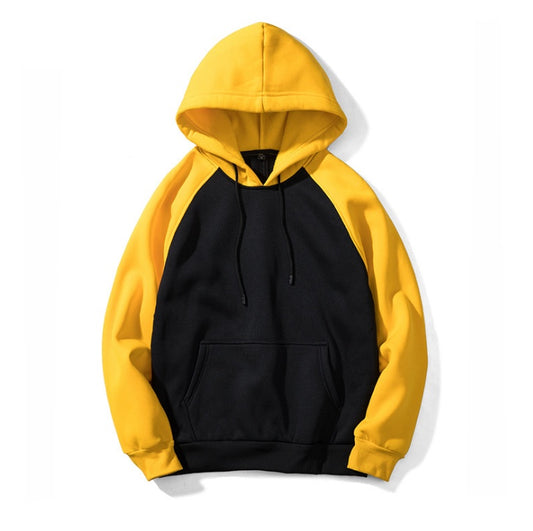 Black and yellow color block pullover sweatshirt and hoodie with raglan sleeves, shown against a white 
background. 