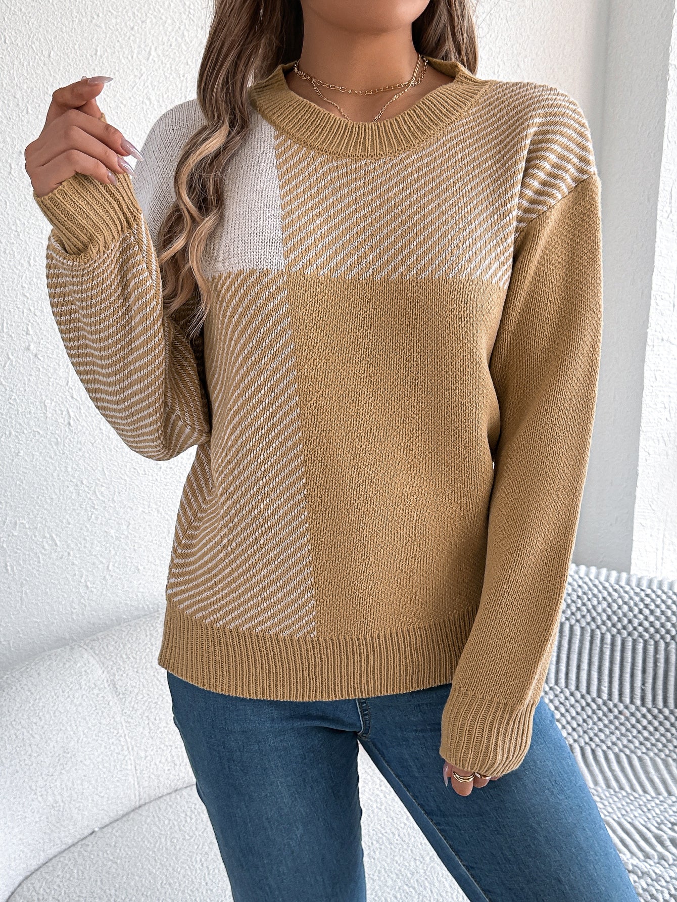 Plaid Long Sleeve Pullover Sweater - threadspired
