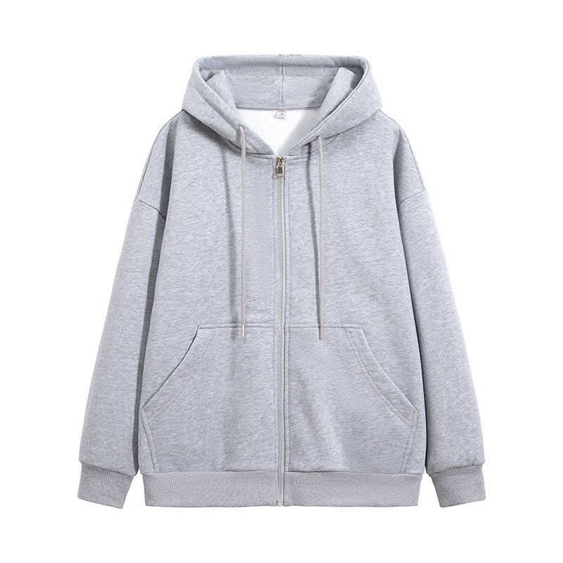 Solid brown zip-up hoodie with a front zipper, adjustable hood and pouch pockets, displayed against a white 
background